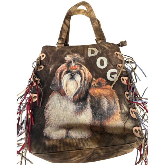 For Nine Dark Brown Corduroy Shih Tzu Dog Theme Shoulder Bag w/Leather Tassels - Picture 4 of 13
